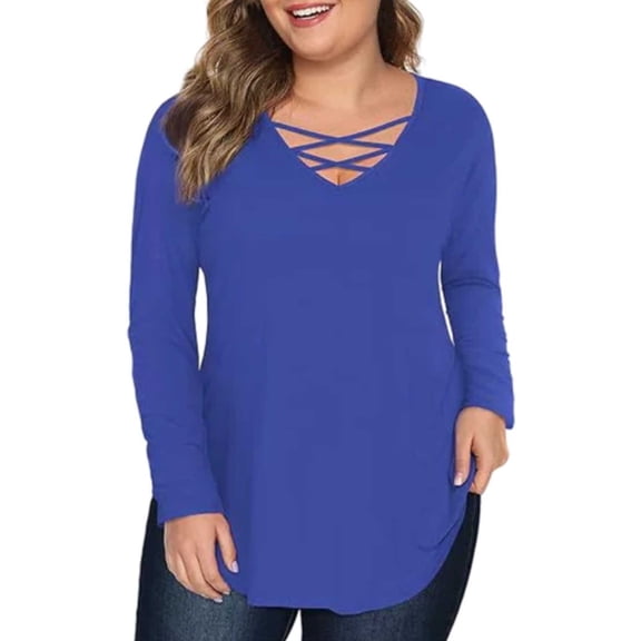 Women's Plus Size Tops Long Sleeve Criss Cross V-Neck Solid Color Oversize Shirts Curved Hem Fall Basic Blouses