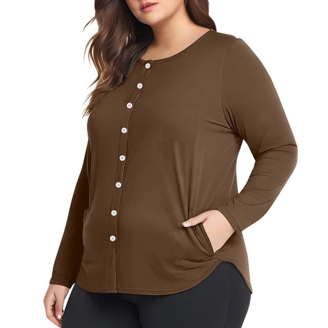 Women's Plus Size Tops Long Sleeve Henley Round Neck Button Up Flowy T Shirts Tunic Loose Blouses Brown XL