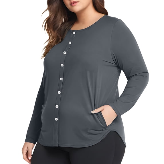 Women's Plus Size Tops Long Sleeve Henley Round Neck Button Up Flowy T Shirts Tunic Loose Blouses Dark Gray L