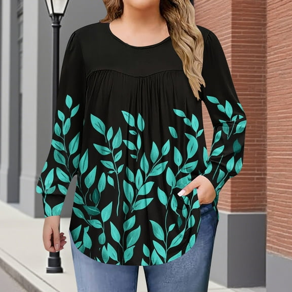 Women's Plus Size Tops Long Sleeve Tunic Shirts Trendy Flowy Pleated Casual Crewneck Blouses Loose Blouses Sizes 1X-5X