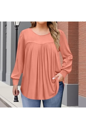 Women's Plus Size Tops Long Sleeve Tunic Shirts Trendy Flowy Pleated Casual Crewneck Blouses Loose Blouses Sizes 1X-5X