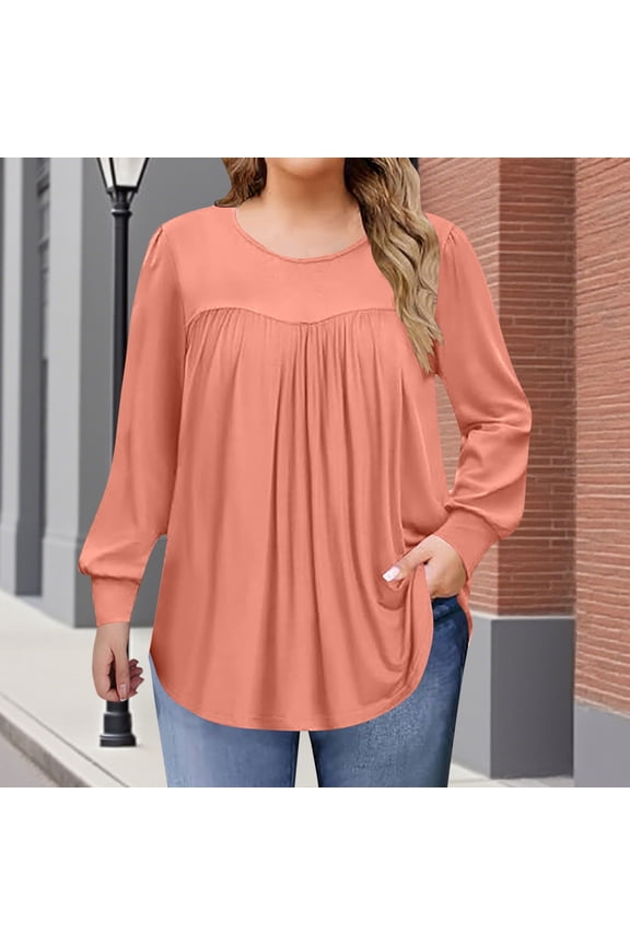 Women's Plus Size Tops Long Sleeve Tunic Shirts Trendy Flowy Pleated Casual Crewneck Blouses Loose Blouses Sizes 1X-5X
