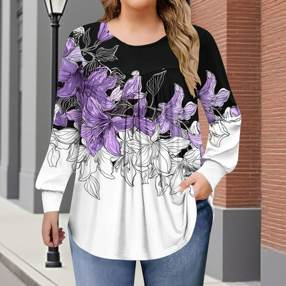 Women's Plus Size Tops Long Sleeve Tunic Shirts Trendy Flowy Pleated Casual Crewneck Blouses Loose Blouses Sizes 1X-5X