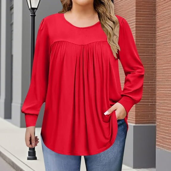 Women's Plus Size Tops Long Sleeve Tunic Shirts Trendy Flowy Pleated Casual Crewneck Blouses Loose Blouses Sizes 1X-5X