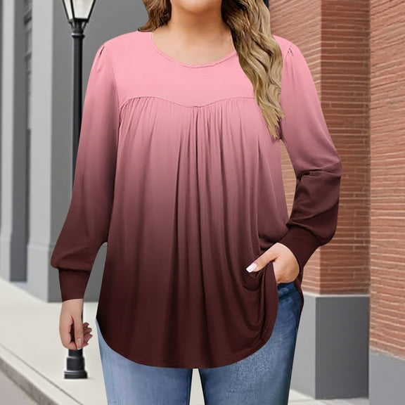 Women's Plus Size Tops Long Sleeve Tunic Shirts Trendy Flowy Pleated Casual Crewneck Blouses Loose Blouses Sizes 1X-5X