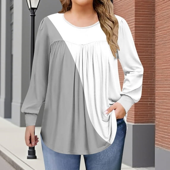 Women's Plus Size Tops Long Sleeve Tunic Shirts Trendy Flowy Pleated Casual Crewneck Blouses Loose Blouses Sizes 1X-5X