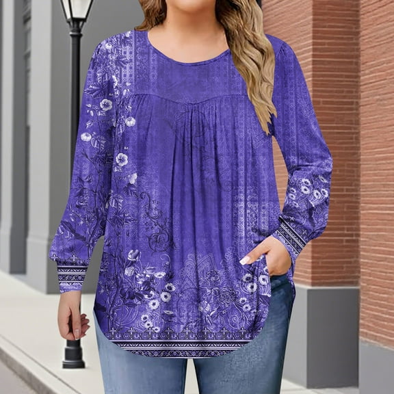 Women's Plus Size Tops Long Sleeve Tunic Shirts Trendy Flowy Pleated Casual Crewneck Blouses Loose Blouses Sizes 1X-5X