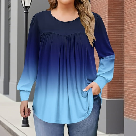 Women's Plus Size Tops Long Sleeve Tunic Shirts Trendy Flowy Pleated Casual Crewneck Blouses Loose Blouses Sizes 1X-5X