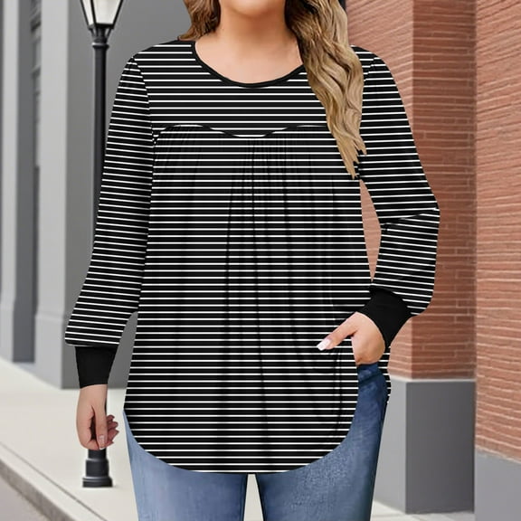 Women's Plus Size Tops Long Sleeve Tunic Shirts Trendy Flowy Pleated Casual Crewneck Blouses Loose Blouses Sizes 1X-5X