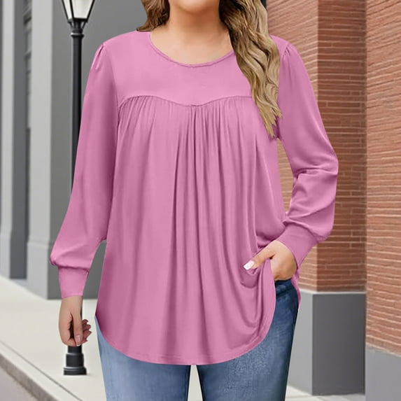 Women's Plus Size Tops Long Sleeve Tunic Shirts Trendy Flowy Pleated Casual Crewneck Blouses Loose Blouses Sizes 1X-5X