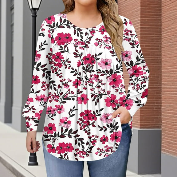Women's Plus Size Tops Long Sleeve Tunic Shirts Trendy Flowy Pleated Casual Crewneck Blouses Loose Blouses Sizes 1X-5X