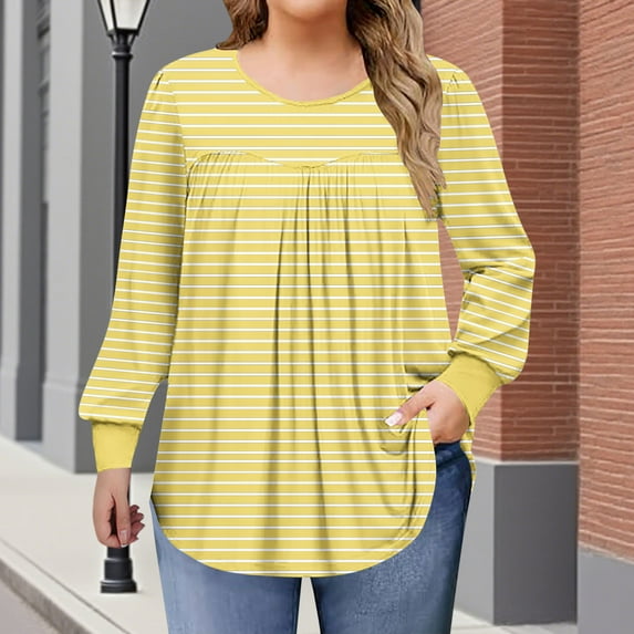Women's Plus Size Tops Long Sleeve Tunic Shirts Trendy Flowy Pleated Casual Crewneck Blouses Loose Blouses Sizes 1X-5X