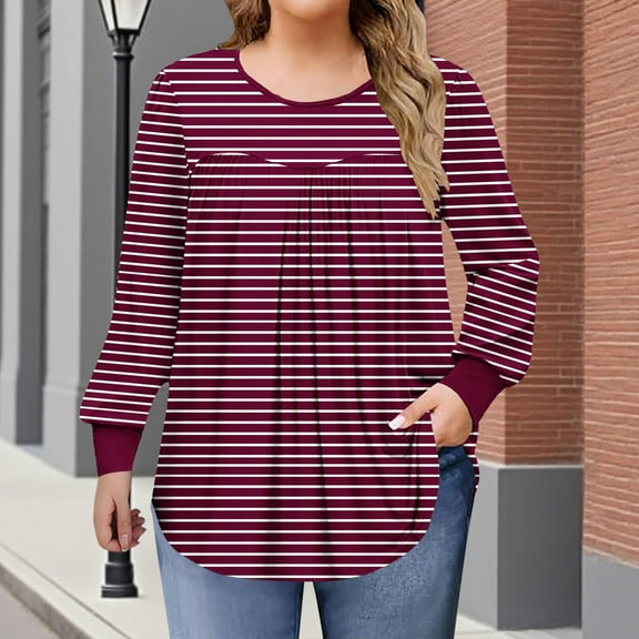 Women's Plus Size Tops Long Sleeve Tunic Shirts Trendy Flowy Pleated Casual Crewneck Blouses Loose Blouses Sizes 1X-5X