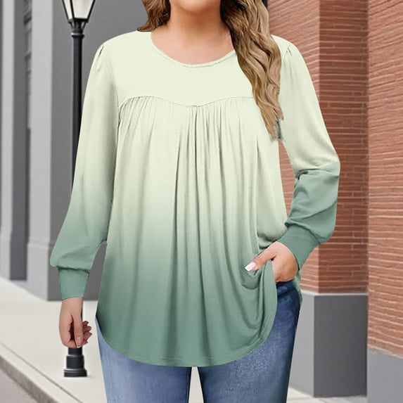 Women's Plus Size Tops Long Sleeve Tunic Shirts Trendy Flowy Pleated Casual Crewneck Blouses Loose Blouses Sizes 1X-5X