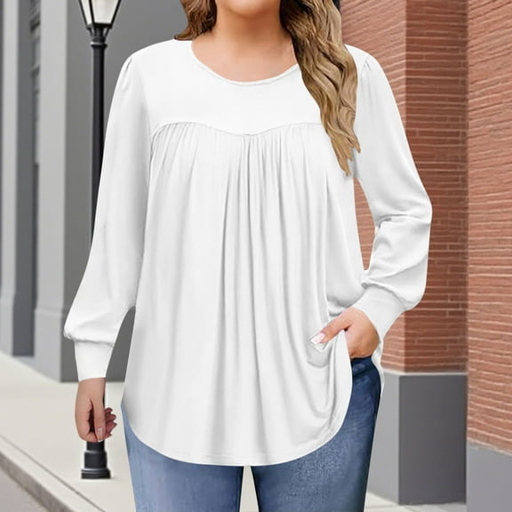 Women's Plus Size Tops Long Sleeve Tunic Shirts Trendy Flowy Pleated Casual Crewneck Blouses Loose Blouses Sizes 1X-5X