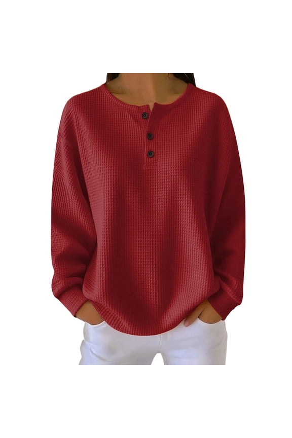 Women's Plus Size Tops Long Sleeve Waffle Knit Shirts Dressy Button Henley T-Shirts Casual Loose Fit Blouses for Work