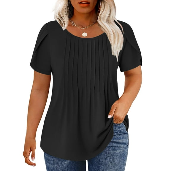 Women's Plus Size Tops Loose Fit Short Sleeve Tunics Summer Crewneck Casual Fashion Pleated T-Shirts 5X Black
