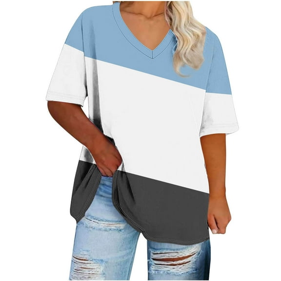 Women's Plus Size Tops Loose Fit V Neck Crewneck Tees Casual Color Block Short Sleeve T Shirts Summer Workout Top