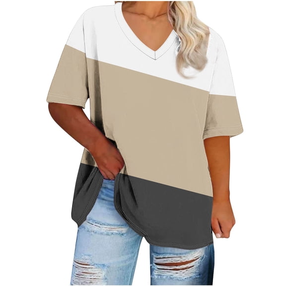 Women's Plus Size Tops Loose Fit V Neck Crewneck Tees Casual Color Block Short Sleeve T Shirts Summer Workout Top
