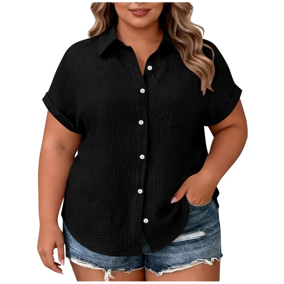 Women's Plus Size Tops Pullover V-Neck Button Solid Color Short Sleeve Loose Summer Camp Shirts Black L-4XL