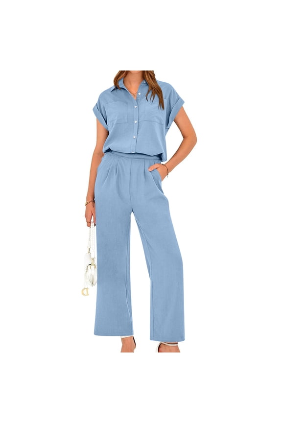Women's Plus Size Tops Sets Summer Two-piece Clothing Set With Lapel And Wide Leg Pants Casual Set