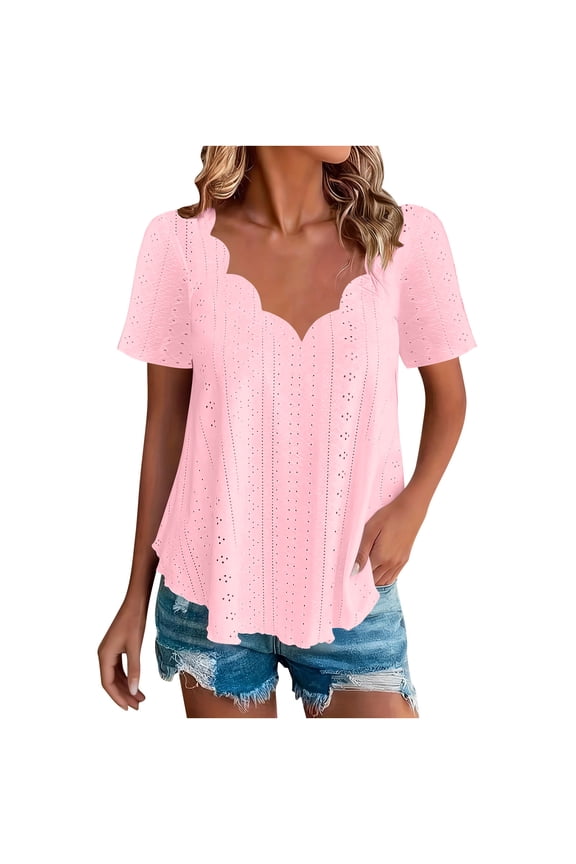 Women's Plus Size Tops Short Sleeve Lace V Neck Scalloped T Shirts Dressy Casual Blouse Loose Fitted Tees