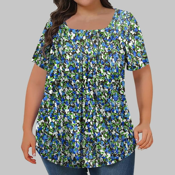 Women's Plus Size Tops Square Neck Printed Pleated Oversized Tshirts for Women Short Sleeve Loose Blouse Summer Casual Tunic Tops