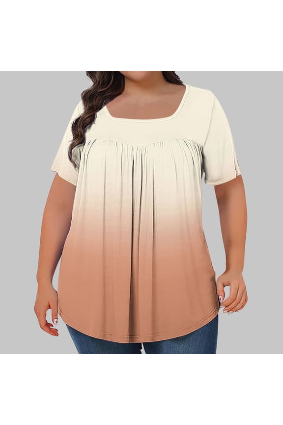 Women's Plus Size Tops Square Neck Printed Pleated Oversized Tshirts for Women Short Sleeve Loose Blouse Summer Casual Tunic Tops