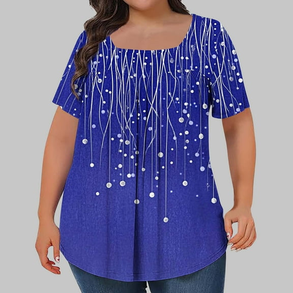 Women's Plus Size Tops Square Neck Printed Pleated Oversized Tshirts for Women Short Sleeve Loose Blouse Summer Casual Tunic Tops