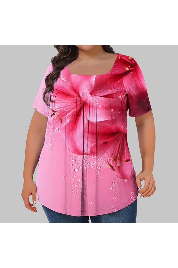 Women's Plus Size Tops Square Neck Printed Pleated Oversized Tshirts for Women Short Sleeve Loose Blouse Summer Casual Tunic Tops
