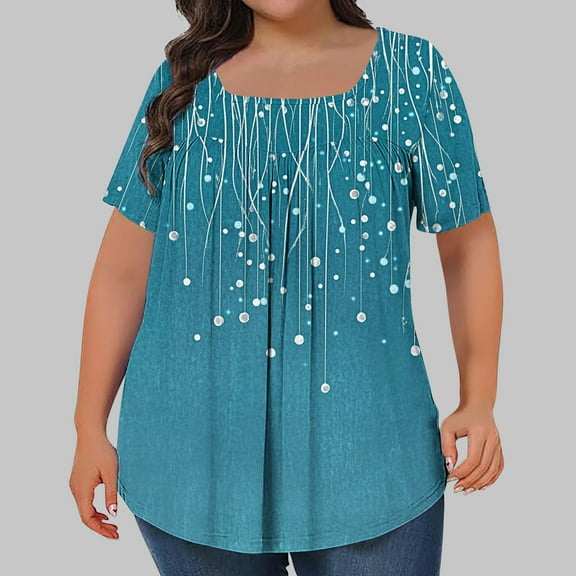 Women's Plus Size Tops Square Neck Printed Pleated Oversized Tshirts for Women Short Sleeve Loose Blouse Summer Casual Tunic Tops
