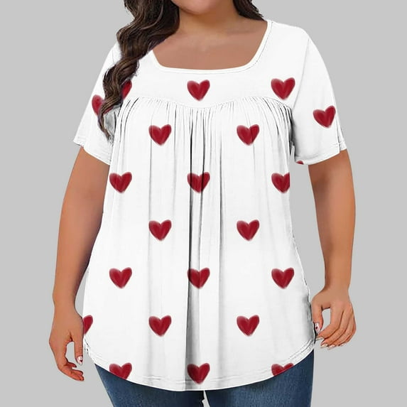 Women's Plus Size Tops Square Neck Printed Pleated Oversized Tshirts for Women Short Sleeve Loose Blouse Summer Casual Tunic Tops