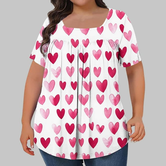 Women's Plus Size Tops Square Neck Printed Pleated Oversized Tshirts for Women Short Sleeve Loose Blouse Summer Casual Tunic Tops