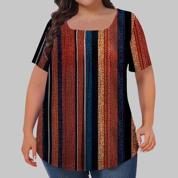 Women's Plus Size Tops Square Neck Printed Pleated Oversized Tshirts for Women Short Sleeve Loose Blouse Summer Casual Tunic Tops