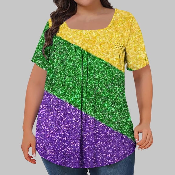 Women's Plus Size Tops Square Neck Printed Pleated Oversized Tshirts for Women Short Sleeve Loose Blouse Summer Casual Tunic Tops