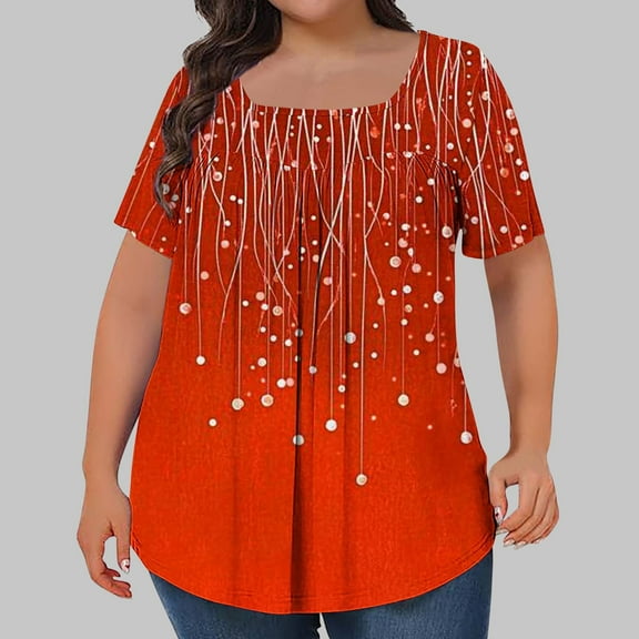Women's Plus Size Tops Square Neck Printed Pleated Oversized Tshirts for Women Short Sleeve Loose Blouse Summer Casual Tunic Tops