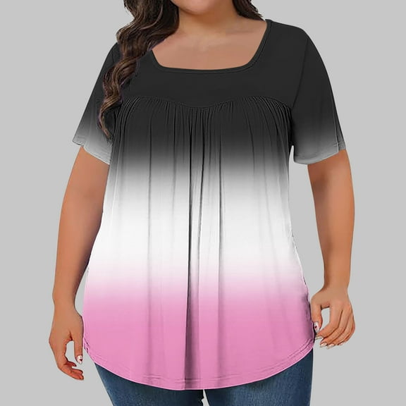 Women's Plus Size Tops Square Neck Printed Pleated Oversized Tshirts for Women Short Sleeve Loose Blouse Summer Casual Tunic Tops