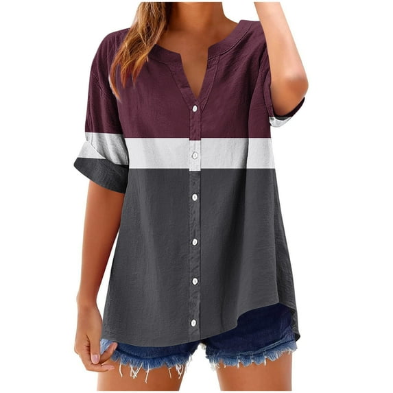 Women's Plus Size Tops Striped Loose Casual V Neck Button down Short Sleeve Shirts Comfortable Color Block Tee (S, Wine)