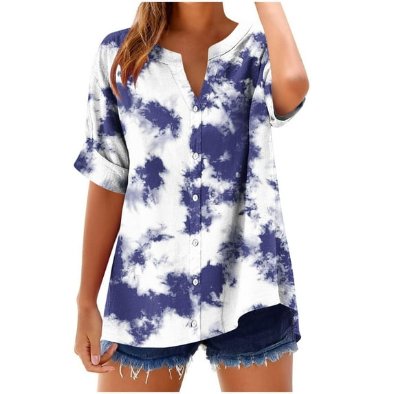 Women's Plus Size Tops Striped Loose Casual V Neck Button down Short Sleeve Shirts Comfortable Tie-Dye Tee (2XL, White)