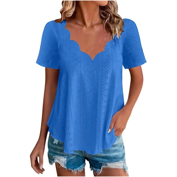 Women's Plus Size Tops Summer Eyelet Short Sleeve V Neck Scalloped T Shirts Dressy Casual Loose Fitted Tees (XL, Blue)