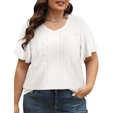 ROSRISS Women's Plus Size Summer Tops - V Neck Eyelet Short Sleeve Shirts