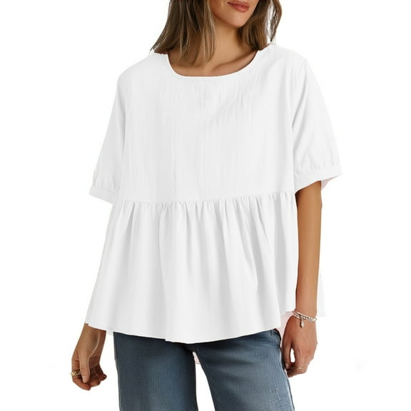 Women's Plus Size Tops Summer Flowy Crew Neck Short Sleeve Babydoll Shirts Casual Loose Solid Color Blouses (2XL, White)