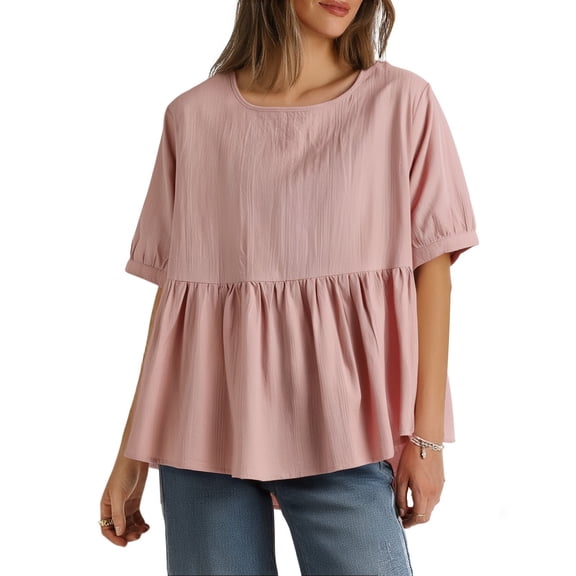 Women's Plus Size Tops Summer Flowy Crew Neck Short Sleeve Babydoll Shirts Casual Loose Solid Color Blouses (3XL, Pink)