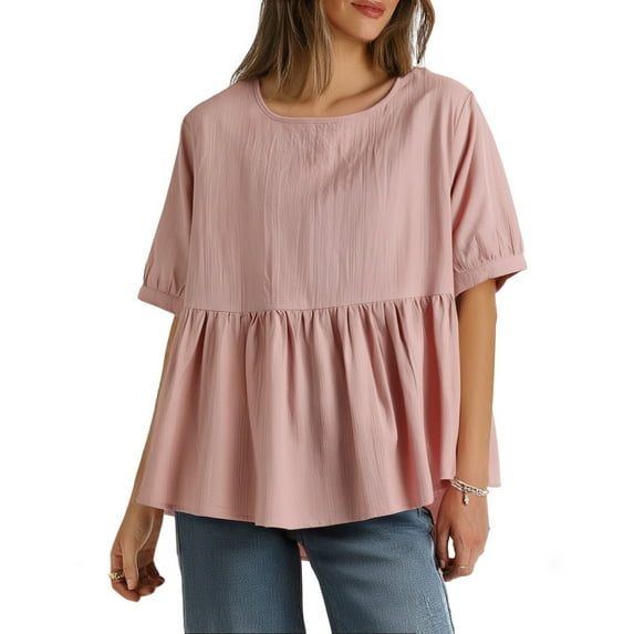 Women's Plus Size Tops Summer Flowy Crew Neck Short Sleeve Babydoll Shirts Casual Loose Solid Color Blouses (4XL, Pink)