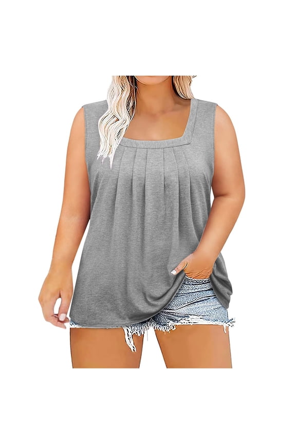 Women's Plus Size Tops Summer Square Neck Flowy Pleated Sleeveless Shirts Casual Loose Comfortable Blouses (XXXXXL, Gray)