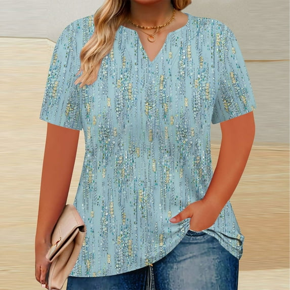 Women's Plus Size Tops Trendy Summer Outfits Floral Printed Graphic Tee Shirts V Neck Short Sleeve Tunic Blouse (XL, Blue 01)