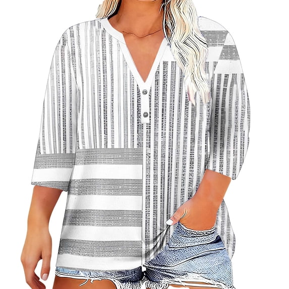 Women's Plus Size Tops V Neck 3/4 Sleeve Blouse Boho Floral Print Shirt Button Up Dressy Tops Casual Summer Outfits for Women