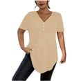 thumbnail image 1 of Women's Plus Size Tops V-Neck Button down T-Shirts, Casual Solid Summer Loose Basic Tee ,Beige,5XL, 1 of 5