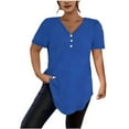 thumbnail image 1 of Women's Plus Size Tops V-Neck Button down T-Shirts, Casual Solid Summer Loose Basic Tee ,Blue,XL, 1 of 5