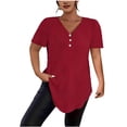 thumbnail image 1 of Women's Plus Size Tops V-Neck Button down T-Shirts, Casual Solid Summer Loose Basic Tee ,Red,5XL, 1 of 5